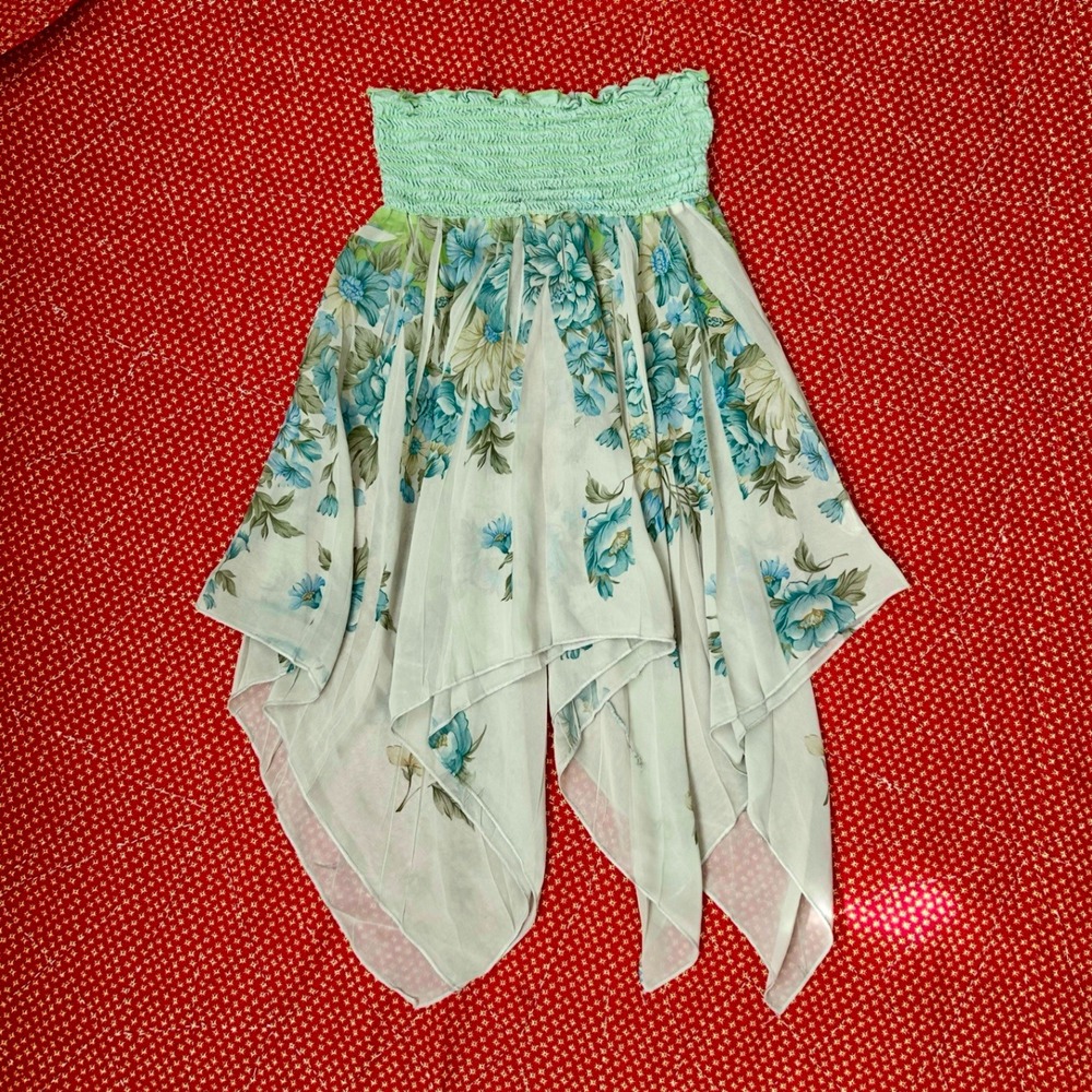 Vintage 2000s fairy hem strapless forever 21 floral teal top